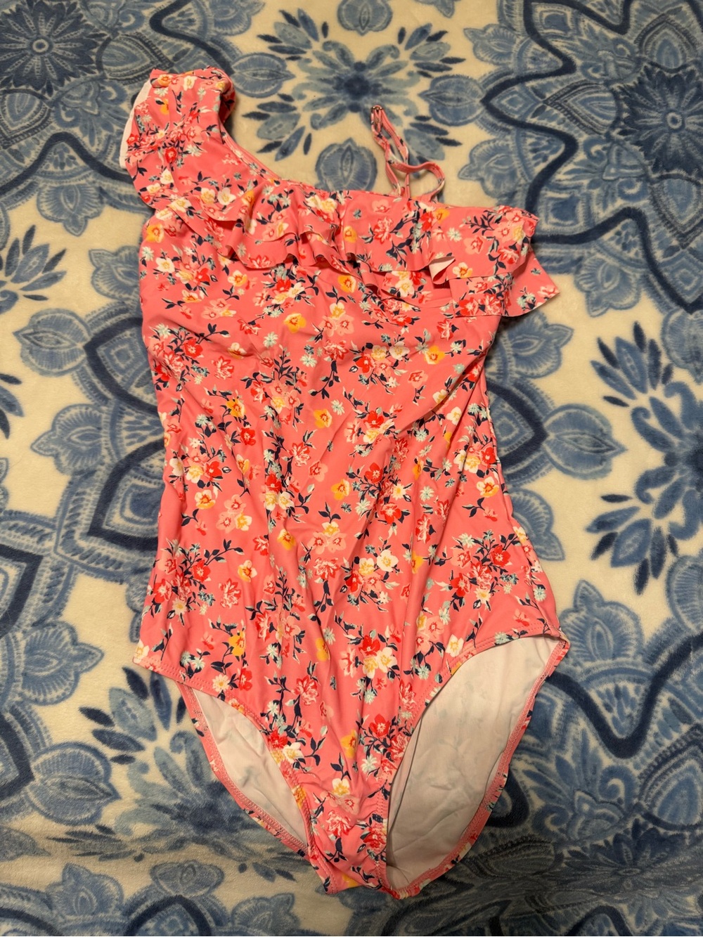 Floral One-Shoulder Ruffle One-Piece Swimsuit - Pink Floral Size 15/16 NWOT